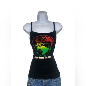 Y2k black tank top with "Reggae Around The World" print and world map graphic